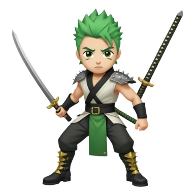 Muscular scarred warrior, short spiky moss-green hair, sharp steel-grey eyes, strong jaw, serious stare. Black trousers, boots, green sash with three katanas, open white coat, three gold earrings. Cinematic, ultra-realistic. sticker