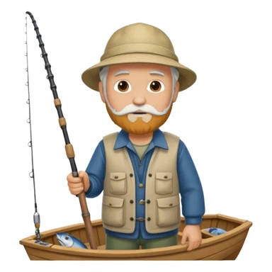 an old white haired, bearded man in fisherman attire, stood in a boat at sea, holding a fishing rod and catching fish with it. sticker