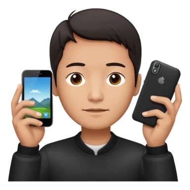 a chinese holding 1 smartphone with both hands in landscape mode(horizontally) on top of his forehead sticker