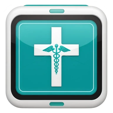 Emoji-style icon of a medical cross inside a scan frame with data lines, symbolizing AI disease detection. Simple emoji design, teal and white theme, no text, transparent background. sticker