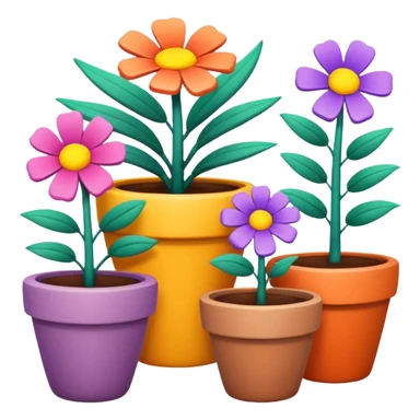 flower pots object icon, colorful plant pots with blooming flowers, ceramic and clay textures, vibrant garden vibe, 3D cartoon style, mobile game icon style, centered composition, clean background, no text, no watermark
 sticker