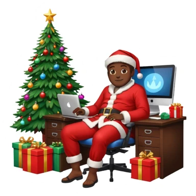 Informaticien homme noir full-body, week-end détente, assis à son bureau moderne avec ordinateur affichant du code.. À côté de lui, le Père Noël souriant, sapin illuminé et cadeaux autour. sticker