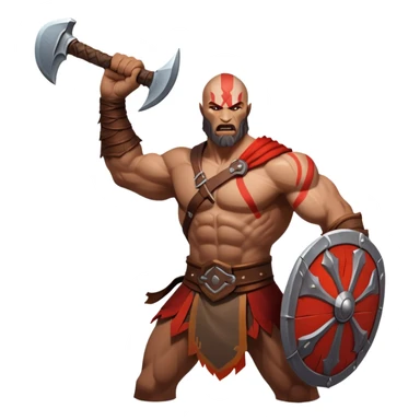 An icon showing a powerful warrior wielding a weapon, ready for battle, inspired by God of War: Ragnarok. The design captures the strength and determination of the character, with dynamic motion lines and a fiery, epic background. Transparent background highlights the action sticker
