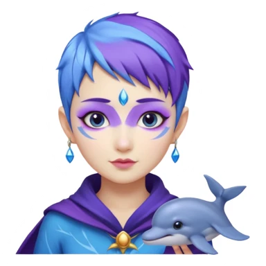 Frost wizard woman short pixie blue violet hair and cheek painted with a dolphin below eye with Asian eyes sticker