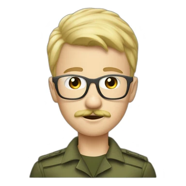 a young boy with short militar blonde hair with transparent white glasses and mostache, he is a hacker sticker