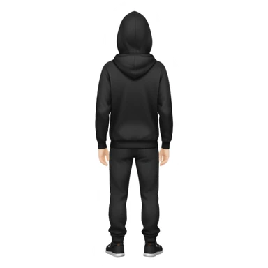 fullbody Mysterious shy caucasian man in black hoodie on head, hands in pockets and black pants rear backview sticker