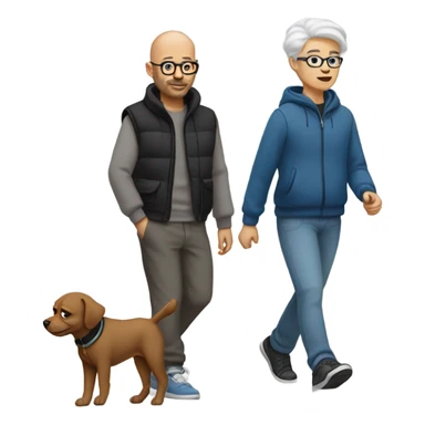Bald man with glasses, wearing gray sweatpants and a black T-shirt and a blue puffy vest walking a small brown dog sticker