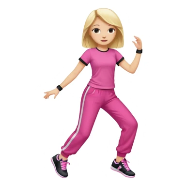 Hiphop dancer, with cute big pants, sneakers, and t-shirt. White girl blond. Coloufull shirt. No pocket pants. Dancing. No orange. Pink and black sticker