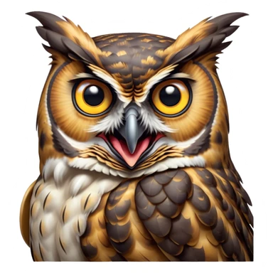 Cinematic Comical Great Horned Owl Portrait Emoji, Head tilted dramatically with an exaggeratedly amused expression, featuring a strikingly patterned mottled plumage with bold contrasts, wide, expressive golden eyes filled with playful disbelief, Simplified yet hilariously expressive features, highly detailed, glowing with a slightly sassy glow, high shine, dramatic yet playful, stylized with an air of cheeky nocturnal mischief, bright and endearing, soft glowing outline, capturing the essence of a spirited and over-the-top owl, so meme-worthy it feels like it could hoot its way into internet fame instantly! sticker