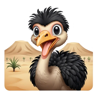An adult ostrich standing in the desert, with black feathers. Mouth open. sticker