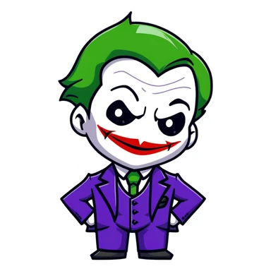 The Joker villain full body with green hair, purple suit, white face, red lips, sinister smile sticker