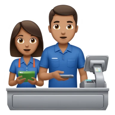 Supermarket employee at a cash register, full body, serving a man surprised sticker