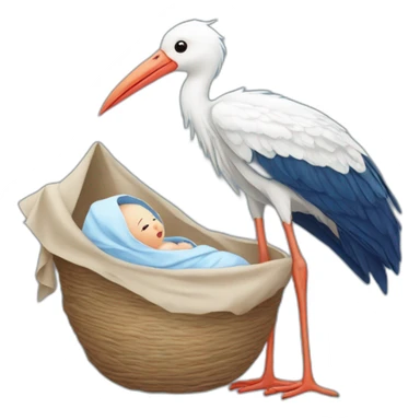 White stork carrying a blue bundle of cloth in its beak that has a human person cute baby with and the human baby head is peeking from the fabric bundle the strok is carrying with its beak sticker