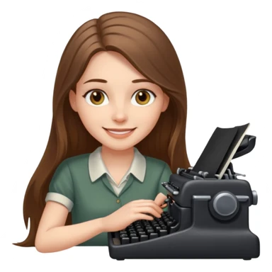 smiling white long brunette hair girl with hazel eyes laying typing on a typewriter sticker