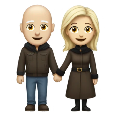 White bald man with black eyebrows holding hands with long blond woman in winter clothes sticker