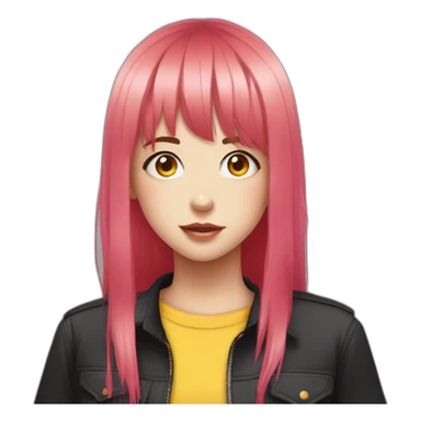 (gril) makima from the manga chainsawman with pink/red hair fringe, yellow eyes with a circle inside and a black shirt sticker