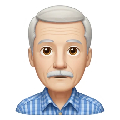 Thin elderly man with light skin. Elongated face with kind expression. Light brown eyes. Thin eyebrows. White goatee and white mustache. Fine straight gray-white hair with bangs, hair is long and goes past his ears. Slim build. Wearing a blue and beige checkered button-up shirt. sticker
