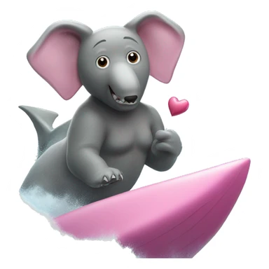 Show me a bear holding a pink heart riding an elephant surfing on top of a shark in the ocean sticker
