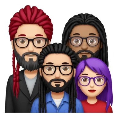 Three people standing together: on the left, a man with long hair, glasses, and a beard; on the right, a man with black dreadlocks with a red accent; in the center, a woman wearing glasses with violet-and-black hair sticker