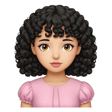 uma menina de pele oliva e cabelos pretos encaracolados e com franja encaracolada e um vestido rosa pastel sticker