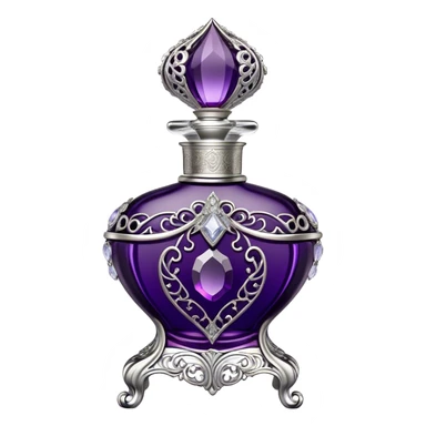 A luxurious French vintage-style perfume bottle in deep purple, with an ornate crystal stopper and intricate silver filigree detailing. The bottle has an elegantly curved shape, reminiscent of classic 18th-century perfume designs. It sits atop a delicate lace-covered vanity table, surrounded by pearls and antique silver accessories. Soft candlelight casts a warm, romantic glow, highlighting the rich texture of the glass and metallic accents sticker