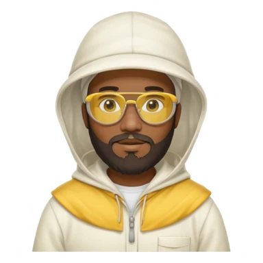 black male bee keeper with beard, white hat and yellow glasses, white outfit, white hood sticker
