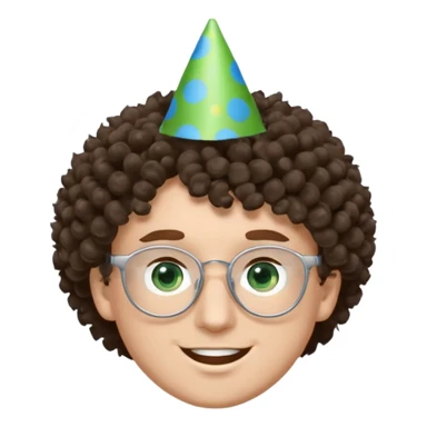 A white guy with curly brown hair and green eyes with a happy face, and wear square black glasses.He’s also got a full silver birthday party hat on his head with blue pom poms on top of it, and his T-shirt is all black, he wears a little gold circle earrings on his left  sticker