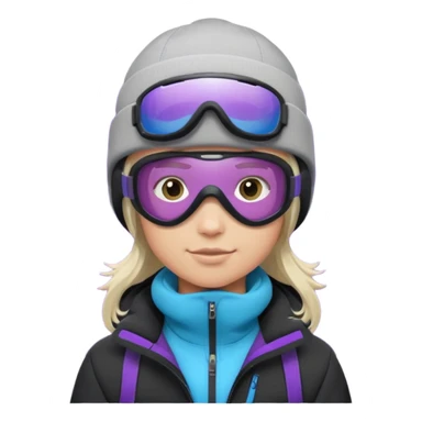 Pro Snowboarder with white and grey beanie, purple and blue frameless goggles on and a black jacket sticker