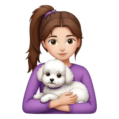 One girl with straight hair in a ponytail，hugging one Bichon frise sticker