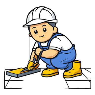 Moldovan builder laying floor tiles, construction worker with tools sticker