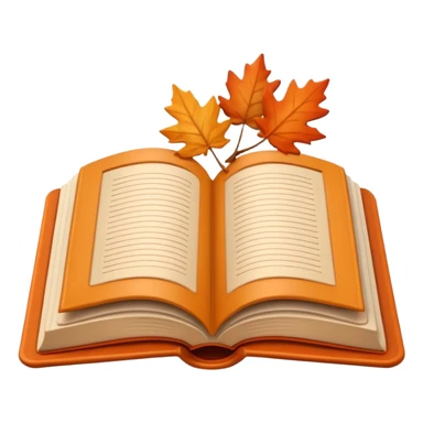 A cute 3D emoji of an open book with autumn leaves around it, cozy fall colors (orange, brown, beige), playful and modern style, glossy finish, minimalistic but expressive, symbolizing a Fall Reading Challenge. sticker