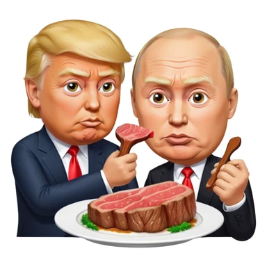 photorealistic Donald Trump and Putin eating a steak shaped like an piece of land sticker