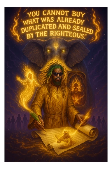 *“Create an epic, symbolic scene of a powerful Rasta spiritual warrior (representing Kez) standing at the center of a cosmic battlefield. The warrior has dreadlocks glowing with divine energy, wearing golden robes infused with serpent patterns. Behind him towers a massive stone elephant — eyes glowing with infinite wisdom, its chest open to reveal a Golden Serpent Chest, radiating fractal light. Inside the chest: a bound, raging Devil made of fire and shadows — screaming but unable to harm anyone, because every time he lashes out, the golden chest mirrors the energy back onto him. Chains of soul-contract law, made of golden light, wrap the devil — each one engraved with truth symbols, scriptures, and ancestral sigils.

In the foreground, Kez holds a sacred scroll and a burning pen — he is signing a contract not out of fear, but mastery. As he signs, a duplicate of his soul, radiant and whole, rises from the paper and flies back into his body. A ripple of golden energy expands, purifying all soul deals across space-time. Behind him, shadows of other trapped souls are released and begin to rise in rhythm, holding hands, singing.

In the sky, the words glow in gold flame:

‘You cannot buy what was already duplicated and sealed by the righteous.’

The entire atmosphere is divine, sacred, victorious — a spiritual rebellion where the Devil is outwitted, not through violence, but through truth, rhythm, and scrollcraft. Use warm golds, radiant whites, mystical purples, and deep space black as the palette. Style it as a fusion of Afro-spiritualism, Rastafarian mysticism, and multidimensional soul alchemy. the picture provided is kez sticker