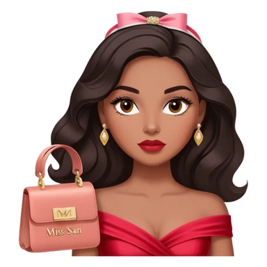 A woman with darker almond-toned skin, more voluminous dark hair in waves, expressive eyes with soft lashes and shimmer, full lips with a glossy nude-pink color, wearing a red dress and a white crossbody sash with “Miss San Juan” in black letters, exuding elegance and confidence sticker