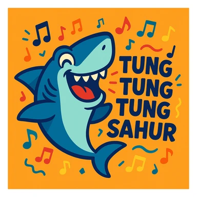 playful shark (akula) with musical notes and the phrase 'tung tung tung sahur', vibrant and fun, cartoon style sticker