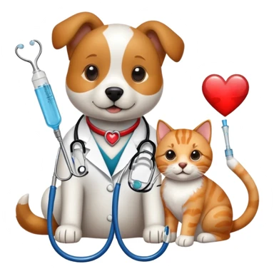 An icon featuring a stethoscope, a paw print, and a veterinary syringe, symbolizing veterinary medicine. The design includes a dog, a cat, and a heart, representing animal care, treatment, and health. Transparent background highlights the science of veterinary practice and animal welfare. sticker