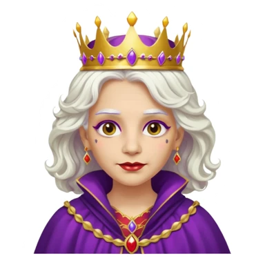 Queen with wavy white hair – golden crown, purple robe, red face paint mark sticker