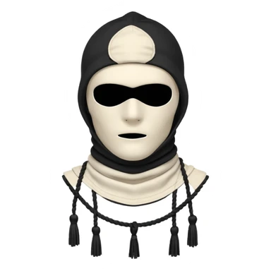 Deconstructed off-white balaclava with frayed layers, rope tassels, subtle embroidery. Studio photo, white bg, soft light. Streetwear luxury style.
 sticker