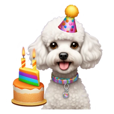 White male Toy poodle wearing birthday hat with a cake  sticker