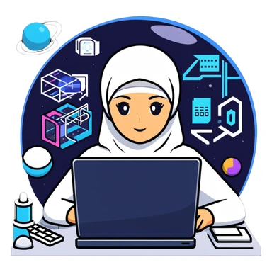 computer engineer with white hijab immersed in augmented reality, surrounded by floating metaverse elements, digital codes, virtual machines, tech graphics sticker