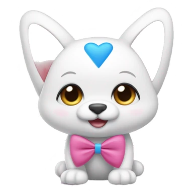 a character in the shape of a pink triangle with rounded corners, with white cute eyes and heart-shaped pupils, white ears and a blue bow on top, little white arms and paws on the sides, and blue paws on the bottom sticker