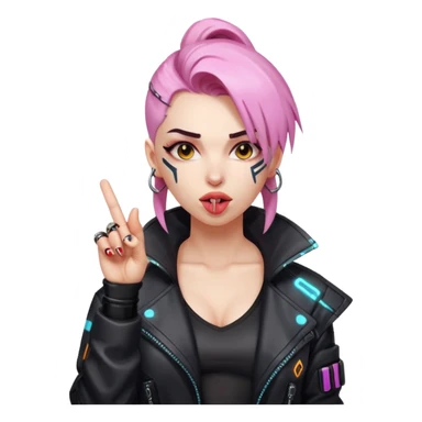 Woman with her tongue out in cyberpunk clothing and giving the middle finger. Looking naughty. sticker