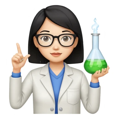 female asian chemistry teacher wearing glasses holdin a flask pointing right with straight short hair to her shoulders sticker