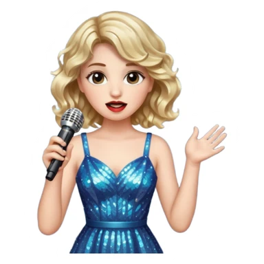 A short wavy female singer in sparkling dress holding a mic with emotional expression sticker