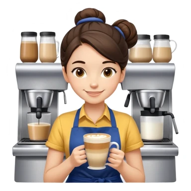 Cute brunette barista girl with hair in a bun wearing yellow shirt and dark blue apron, she's relaxed and making latte art, smiling at the coffee cup sticker