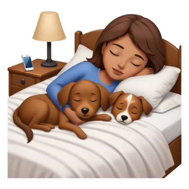Young brown headed girl sleeping in her bed with her tan to brown dog med size on her bed. Her phone with her as she sleeps like sleeping beauty sticker