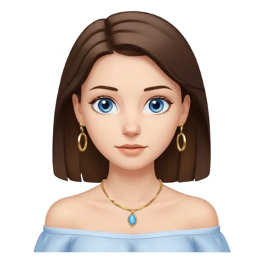 A pretty white girl with brunette hair blue eyes  thin gold hoop earrings and a matching gold necklace in a white shirt that cuts off the shoulders sticker