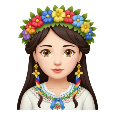 Ukrainian woman in a white embroidered shirt with dark hair in a wreath of flowers with multicoloured ribbons on her head sticker
