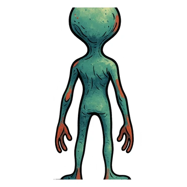 alien standing, facing away from the viewer, unique style, creative, imaginative, stylized illustration, rear view, back view, character design sticker