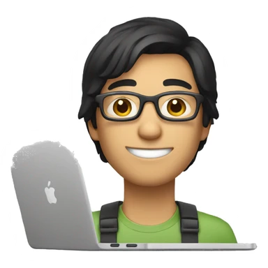 a developer with short grommed black hair and glasses sitting behind a laptop  sticker